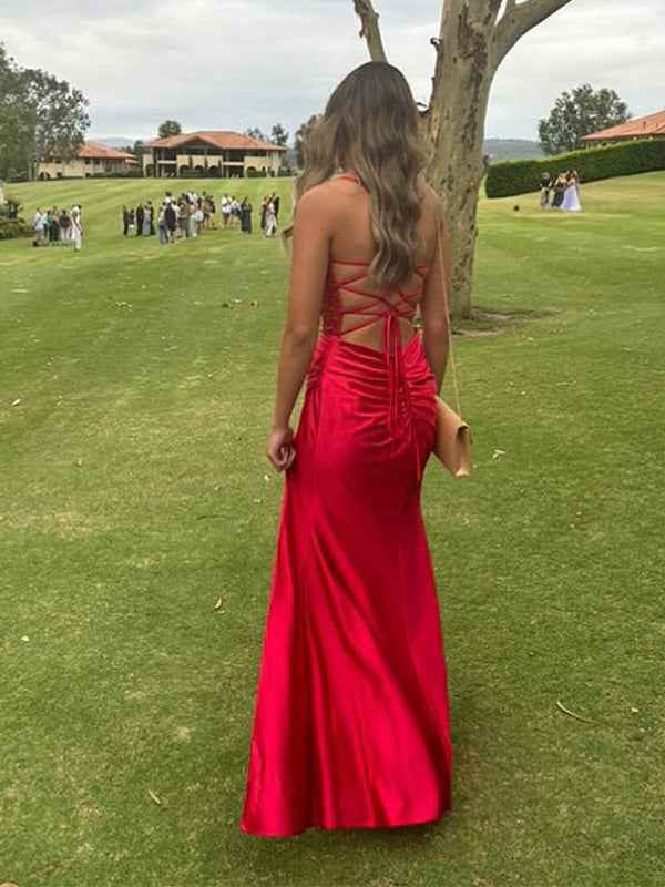 Yellow Mermaid Scoop Neck Satin Long Prom Dress with Slit