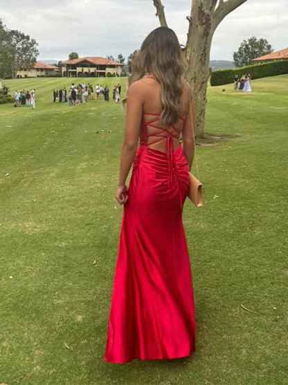 Yellow Mermaid Scoop Neck Satin Long Prom Dress with Slit