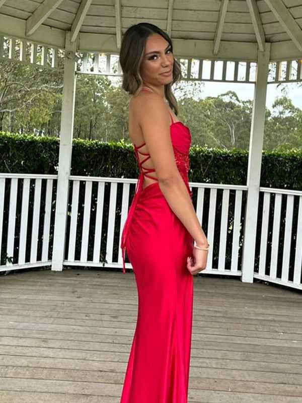 Yellow Mermaid Scoop Neck Satin Long Prom Dress with Slit