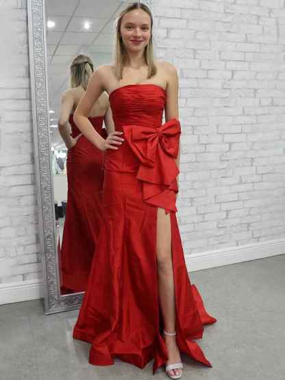 Red Mermaid Strapless Bow Satin Pleated Long Prom Dress with Slit