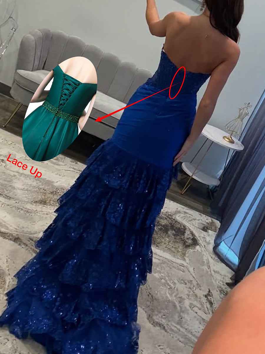 Red Mermaid Strapless Long Satin Prom Dress with Tiered Ruffle Skirt