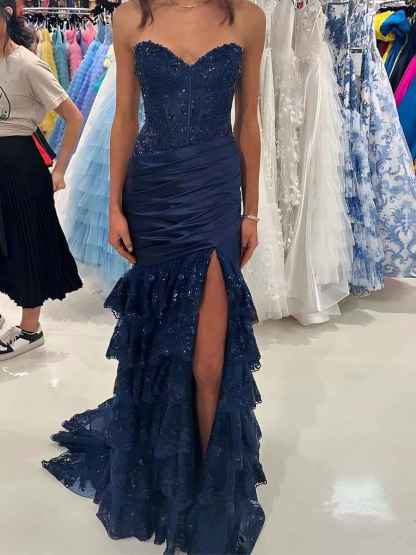 Red Mermaid Strapless Long Satin Prom Dress with Tiered Ruffle Skirt