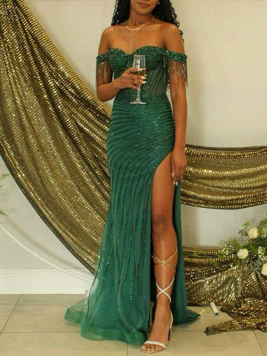 Off-the-Shoulder Beaded Tulle Long Prom Dress with Swirling Sequins