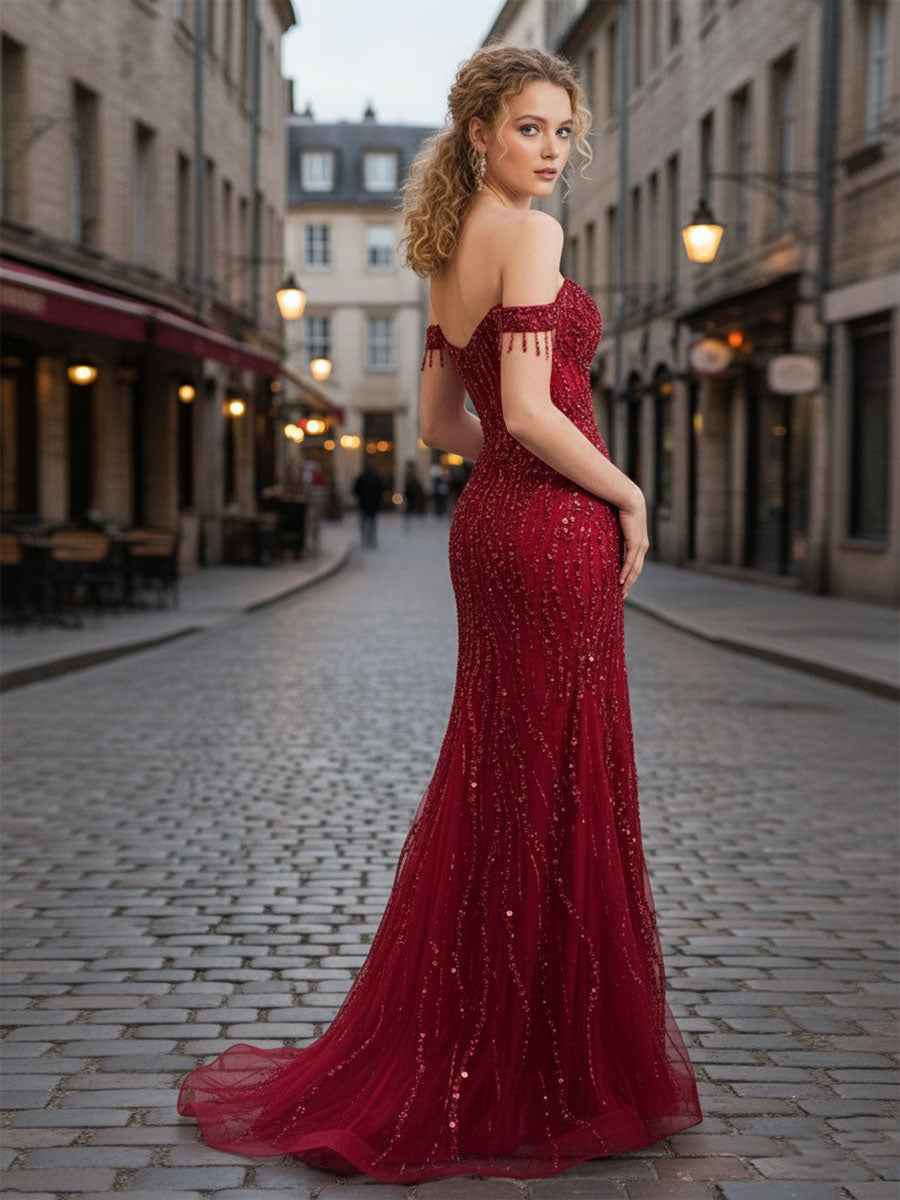 Red Off-the-Shoulder Beaded Tulle Prom Dress with Swirling Sequins