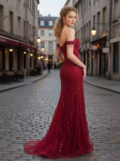 Red Off-the-Shoulder Beaded Tulle Prom Dress with Swirling Sequins