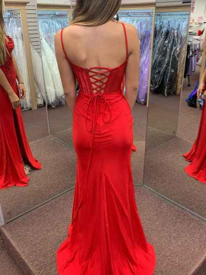 Red Spaghetti Straps Appliques Long Prom Dress with Slit