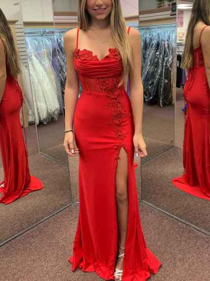 Red Spaghetti Straps Appliques Long Prom Dress with Slit