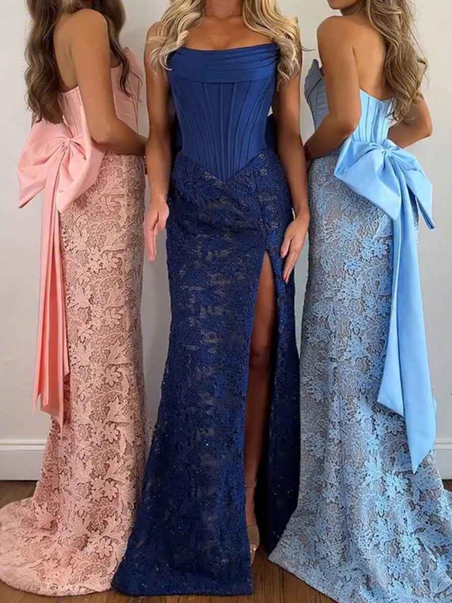 Red Strapless Satin Corset Lace Prom Dress with Oversized Bow