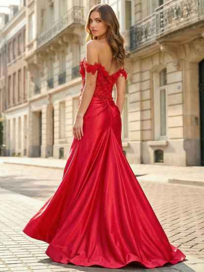 Red 3D Floral Off-the-Shoulder Satin Long Prom Dress with Slit