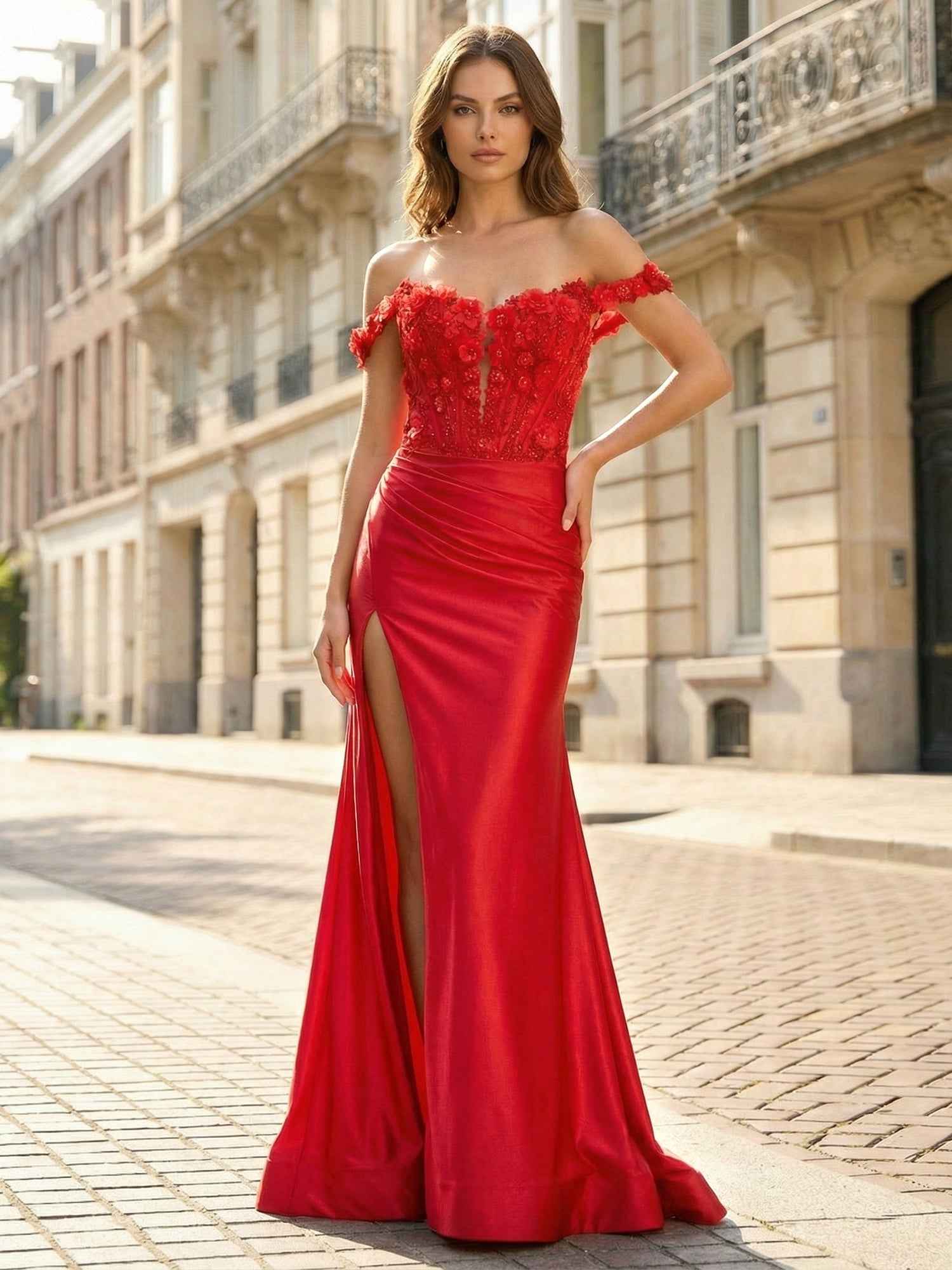 Red 3D Floral Off-the-Shoulder Satin Long Prom Dress with Slit