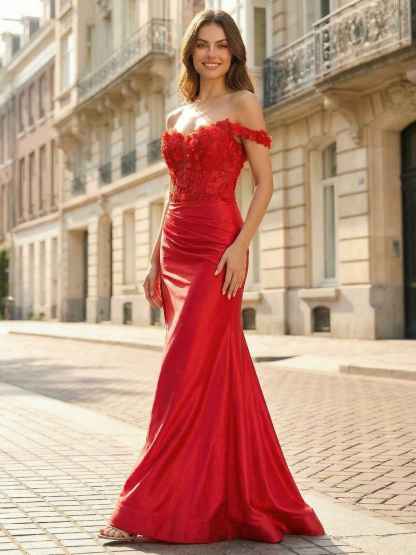 Red 3D Floral Off-the-Shoulder Satin Long Prom Dress with Slit