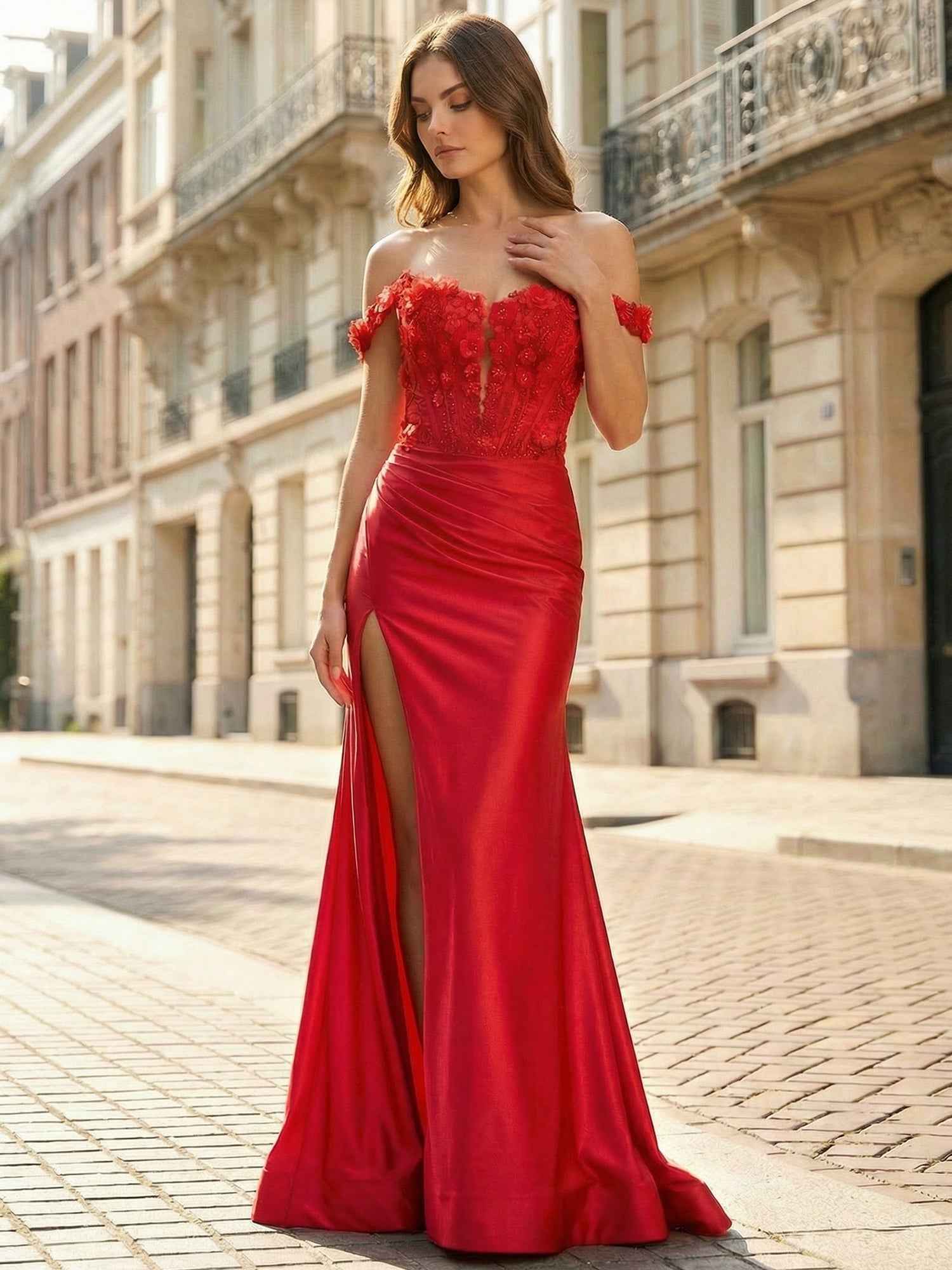 Red 3D Floral Off-the-Shoulder Satin Long Prom Dress with Slit