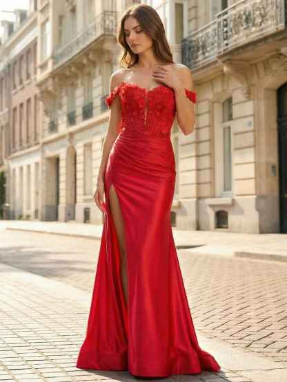Red 3D Floral Off-the-Shoulder Satin Long Prom Dress with Slit