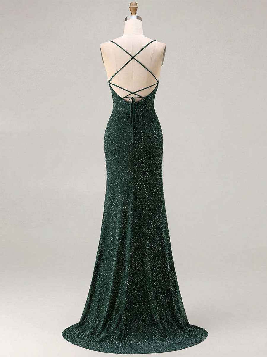 Red Glitter Ruched Spaghetti Strap Prom Dress with Slit