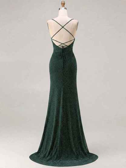 Red Glitter Ruched Spaghetti Strap Prom Dress with Slit