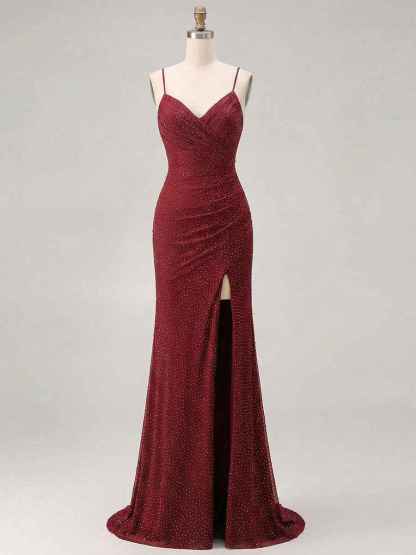 Red Glitter Ruched Spaghetti Strap Prom Dress with Slit