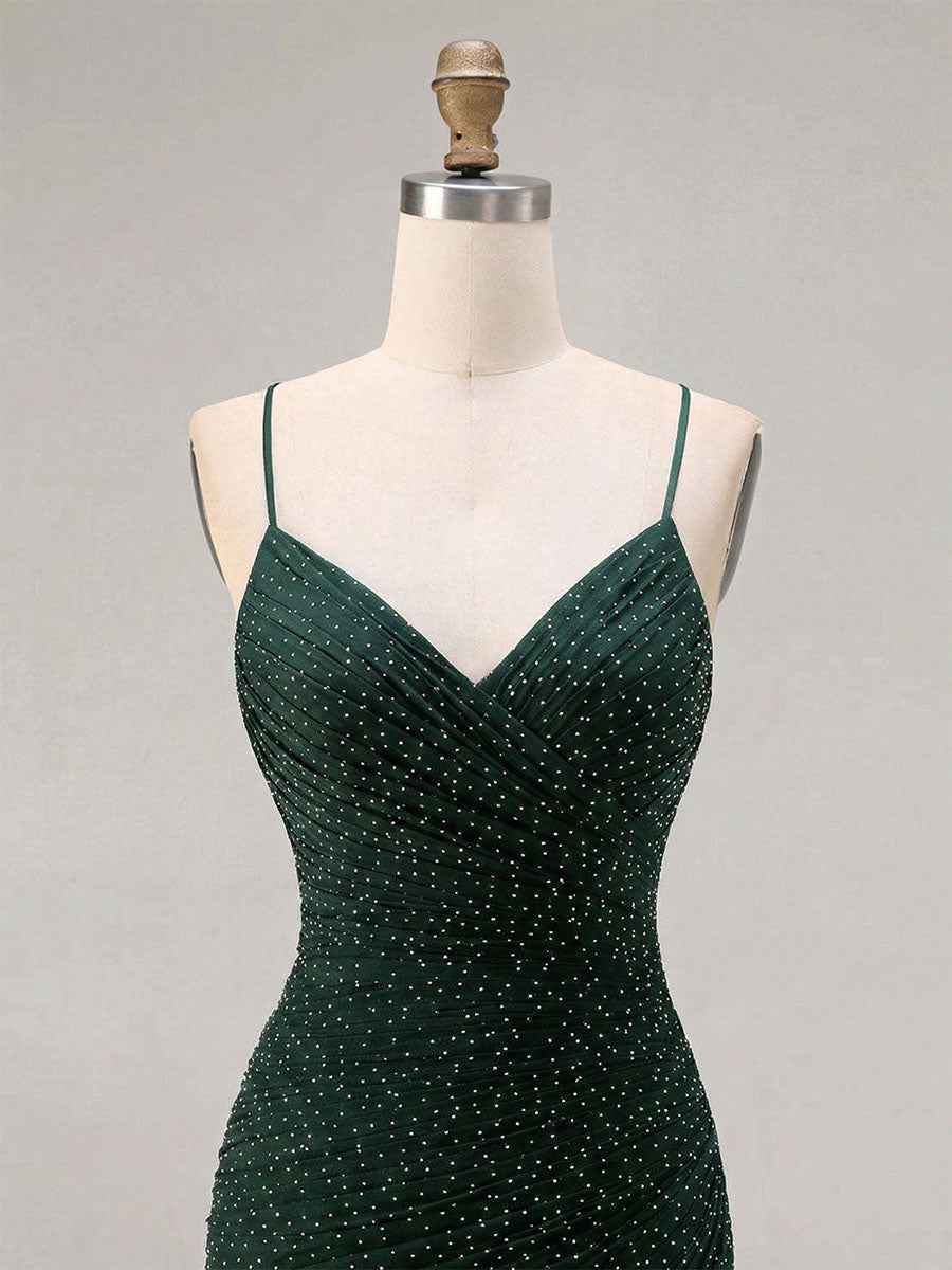 Red Glitter Ruched Spaghetti Strap Prom Dress with Slit