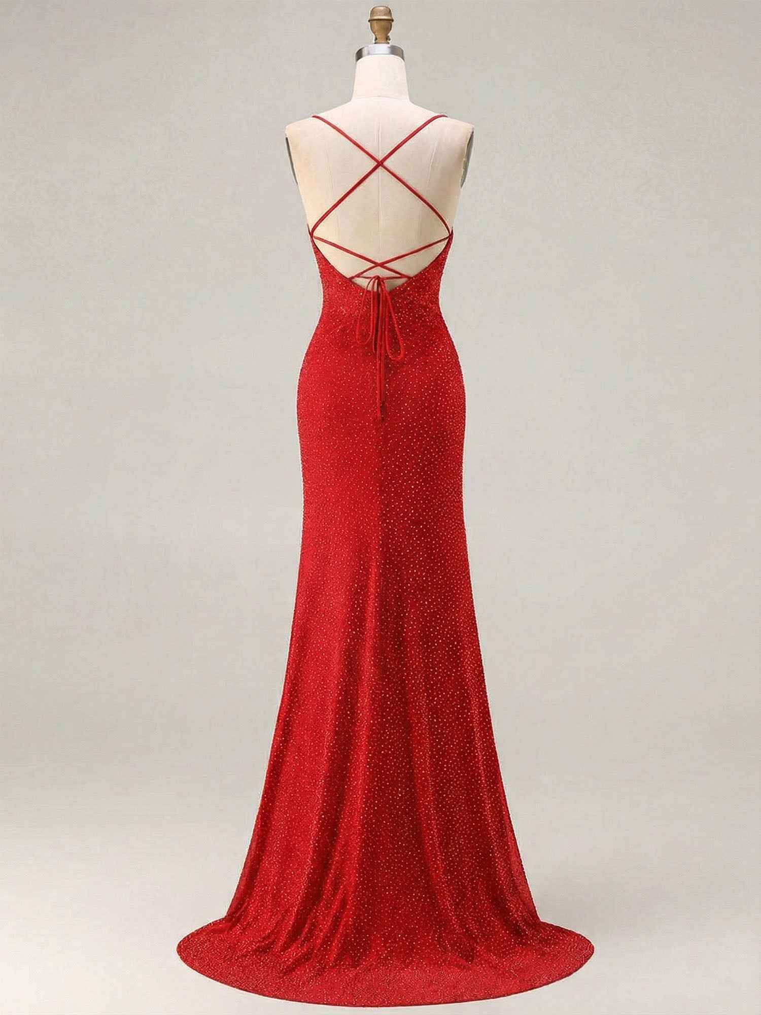 Red Glitter Ruched Spaghetti Strap Prom Dress with Slit