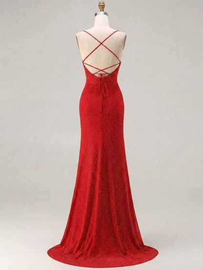 Red Glitter Ruched Spaghetti Strap Prom Dress with Slit