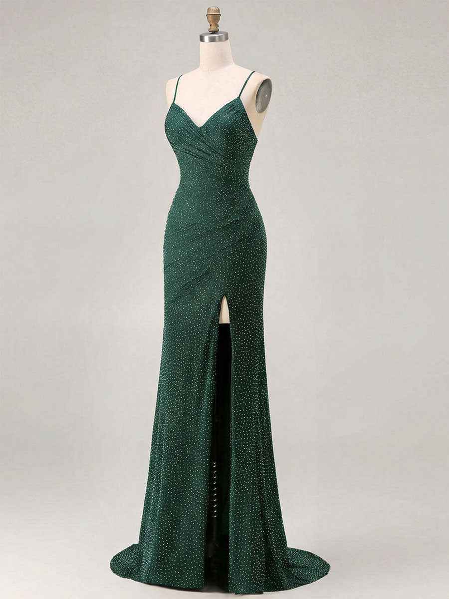 Red Glitter Ruched Spaghetti Strap Prom Dress with Slit