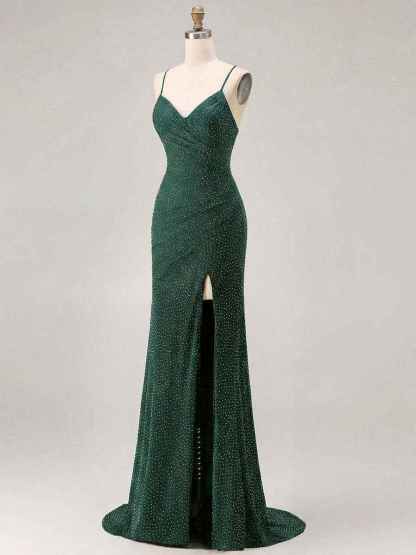 Red Glitter Ruched Spaghetti Strap Prom Dress with Slit