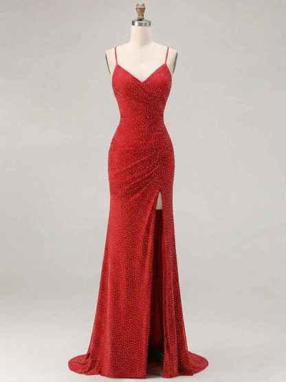 Red Glitter Ruched Spaghetti Strap Prom Dress with Slit