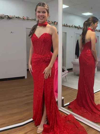 Red Lace Strapless Matching Rosette Choker Corset Prom Dress with High Slit