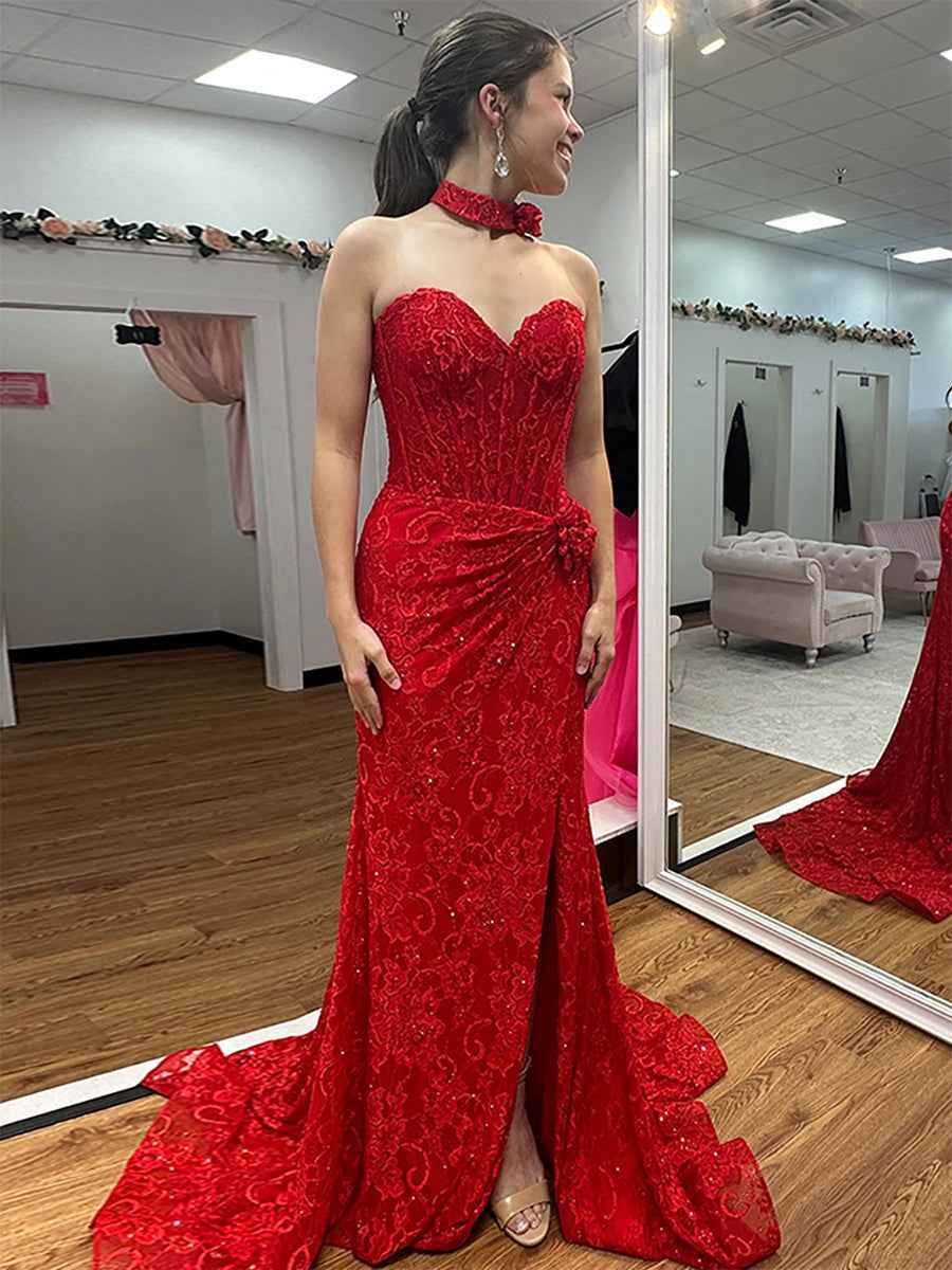 Red Lace Strapless Matching Rosette Choker Corset Prom Dress with High Slit