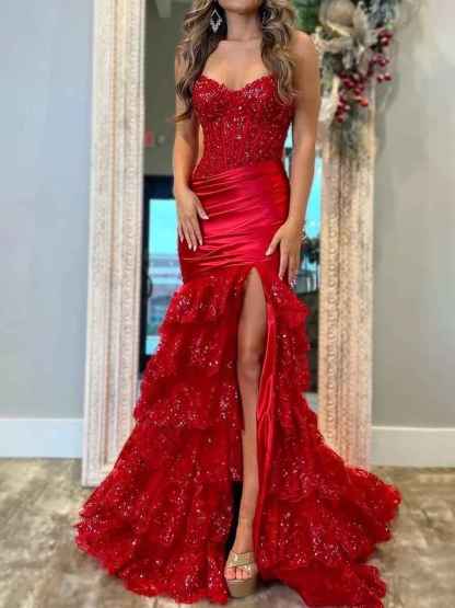Red Mermaid Strapless Tiered Ruffle Long Satin Prom Dress with Slit