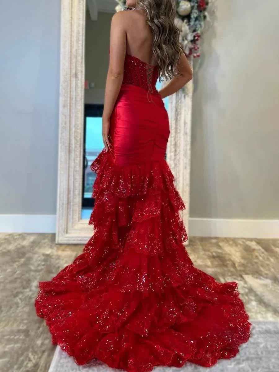 Red Mermaid Strapless Tiered Ruffle Long Satin Prom Dress with Slit