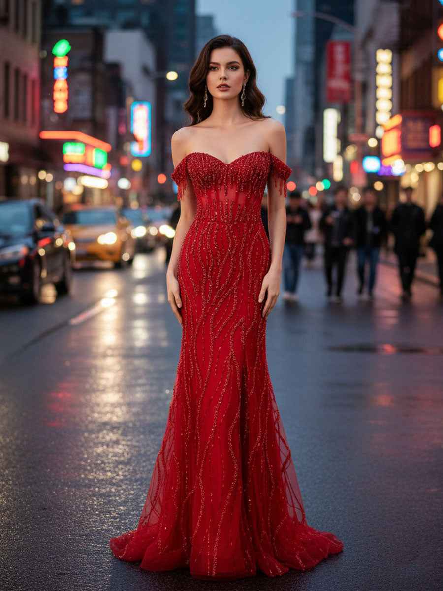 Red Off-the-Shoulder Beaded Tulle Prom Dress with Swirling Sequins