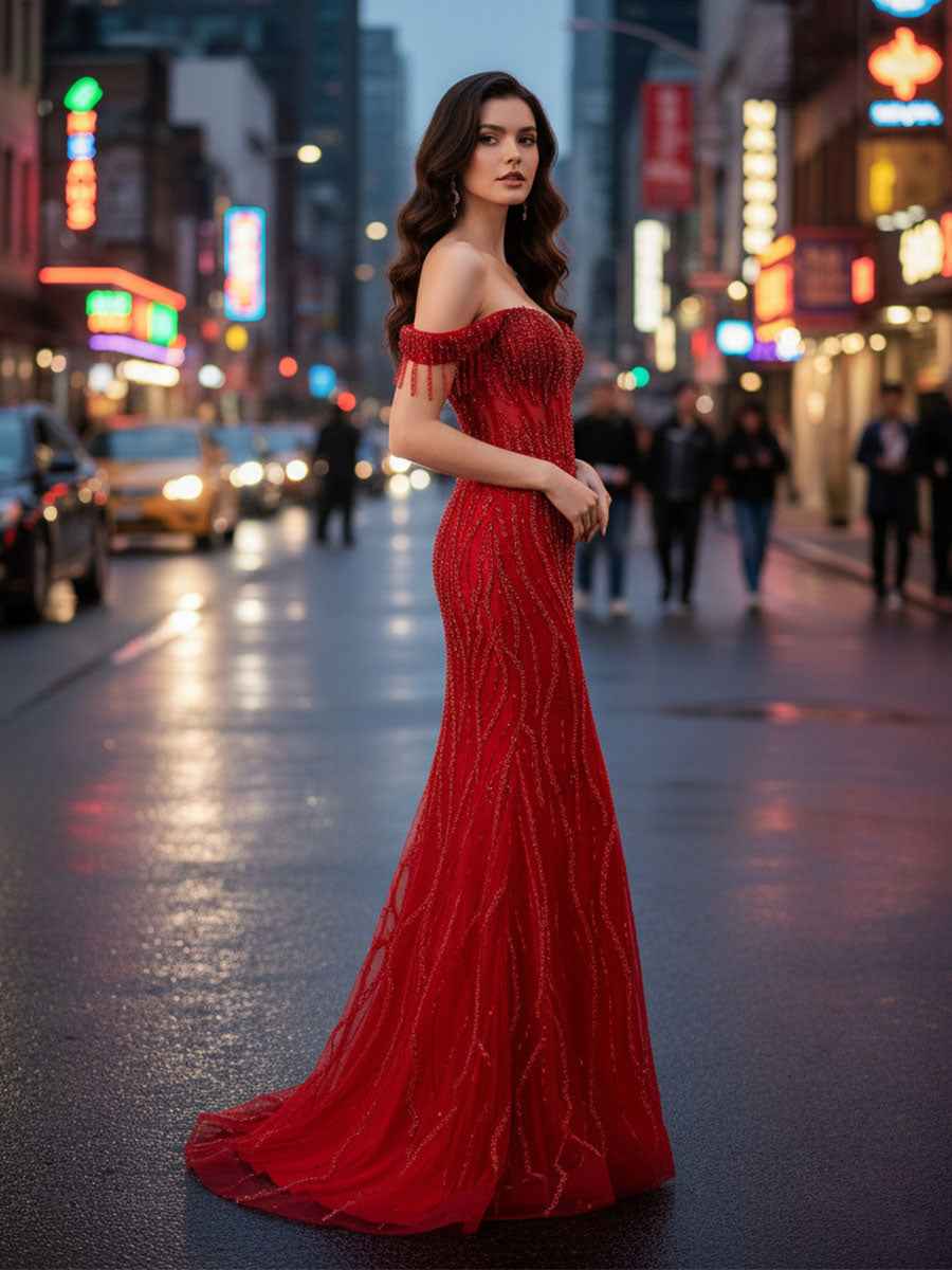 Red Off-the-Shoulder Beaded Tulle Prom Dress with Swirling Sequins