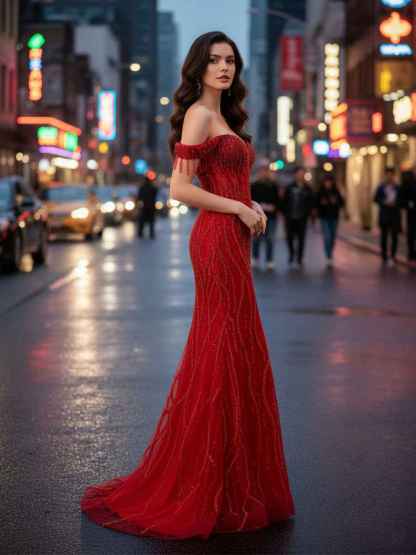 Red Off-the-Shoulder Beaded Tulle Prom Dress with Swirling Sequins