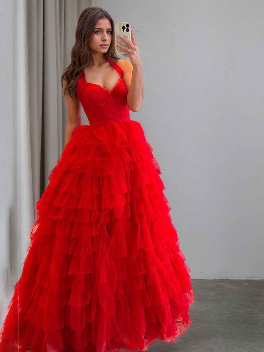 Red Polka Dots Tiered Long Prom Dress with Slit