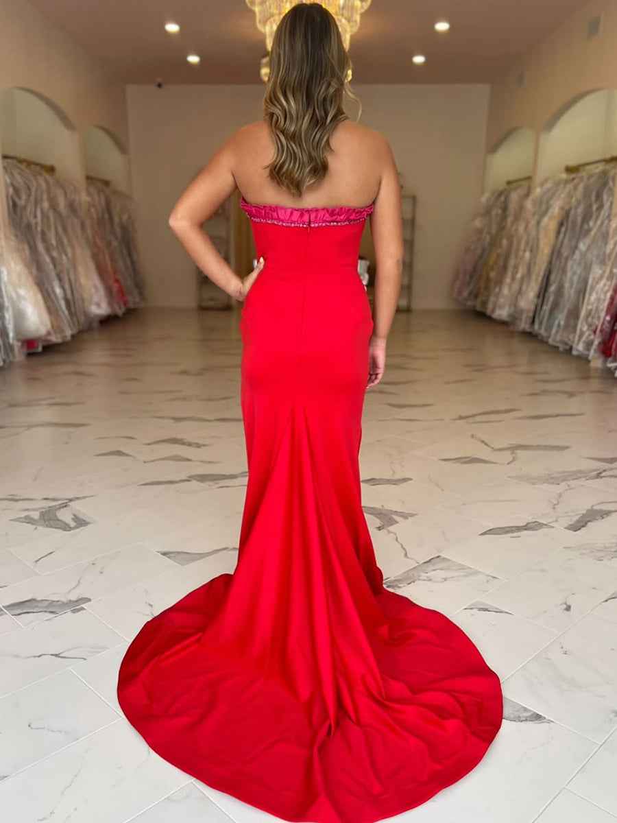 Red Ruffled Strapless Long Prom Dress with Slit