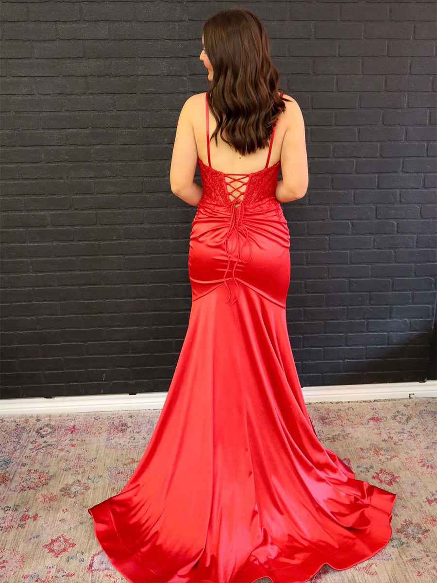 Red Satin Cowl Neck Spaghetti Strap Prom Dress with Slit