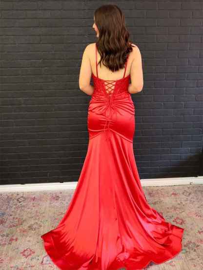 Red Satin Cowl Neck Spaghetti Strap Prom Dress with Slit