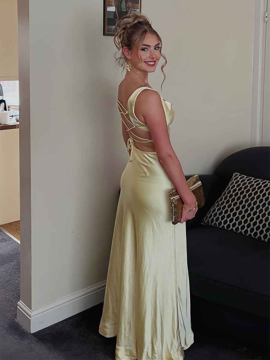 Red Satin Cowl Neck Wide Tank Straps Prom Dress with High Slit