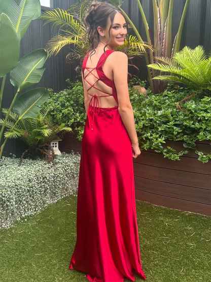 Red Satin Cowl Neck Wide Tank Straps Prom Dress with High Slit