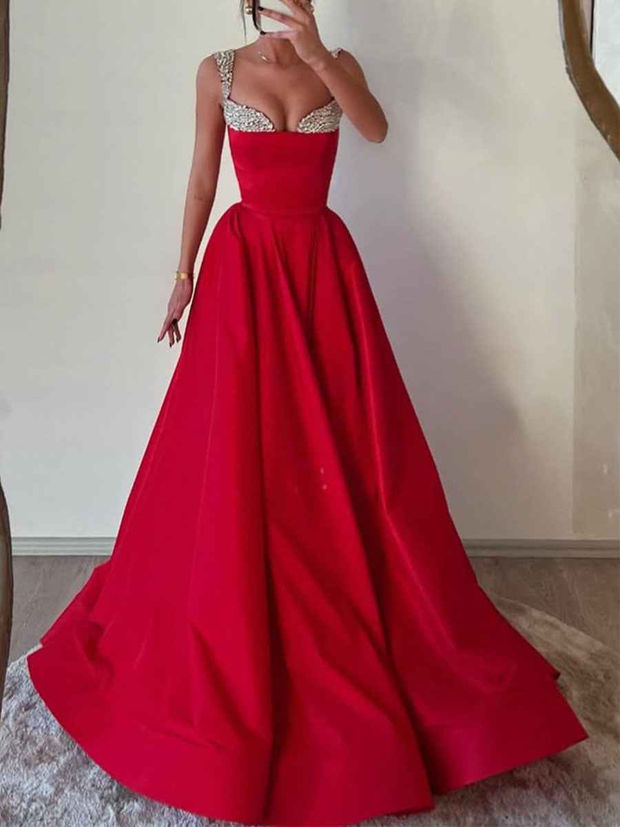 Red Satin Off-the-Shoulder Prom Dress with Crystal Encrusted Fold-Over Neckline