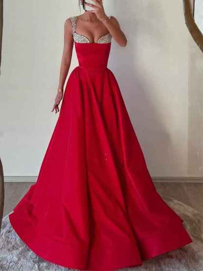 Red Satin Off-the-Shoulder Prom Dress with Crystal Encrusted Fold-Over Neckline
