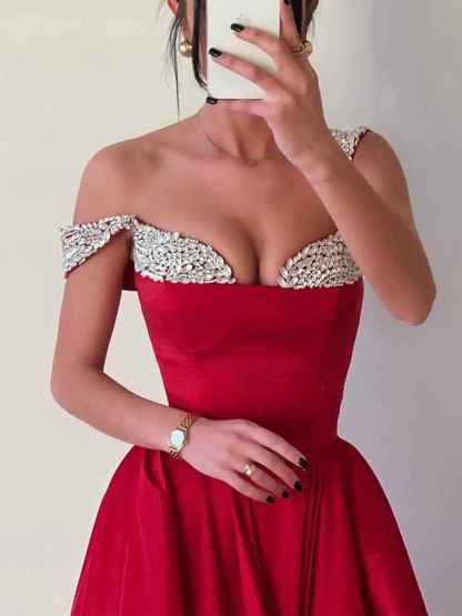 Red Satin Off-the-Shoulder Prom Dress with Crystal Encrusted Fold-Over Neckline