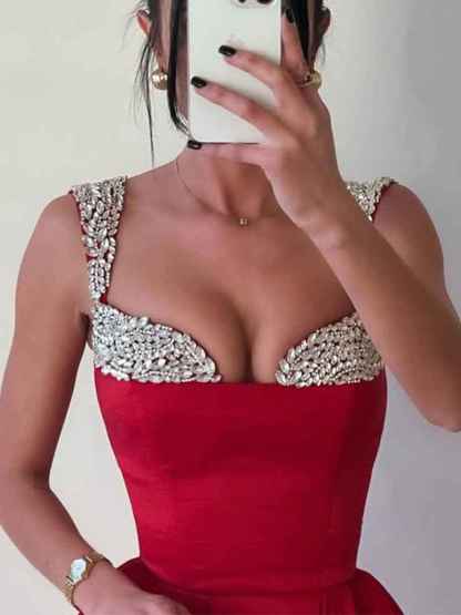 Red Satin Off-the-Shoulder Prom Dress with Crystal Encrusted Fold-Over Neckline
