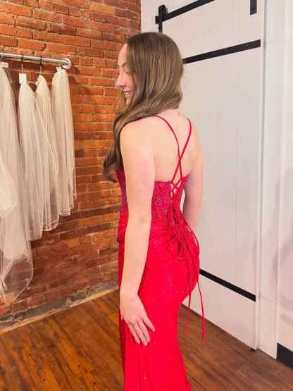 Red Sequin Spaghetti Straps Corset Prom Dress with High Slit
