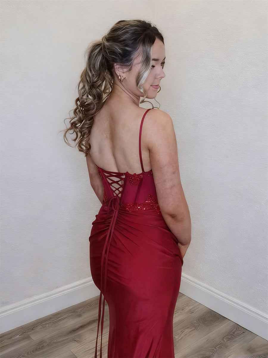 Red Spaghetti Strap Corset Prom Dress with Beaded Applique|s
