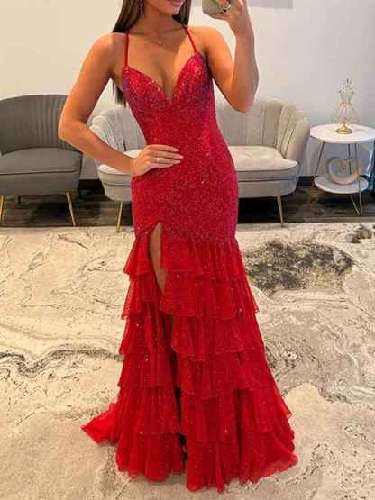 Red Sparkly Halter Neck Tiered Mermaid Long Prom Dress with Slit