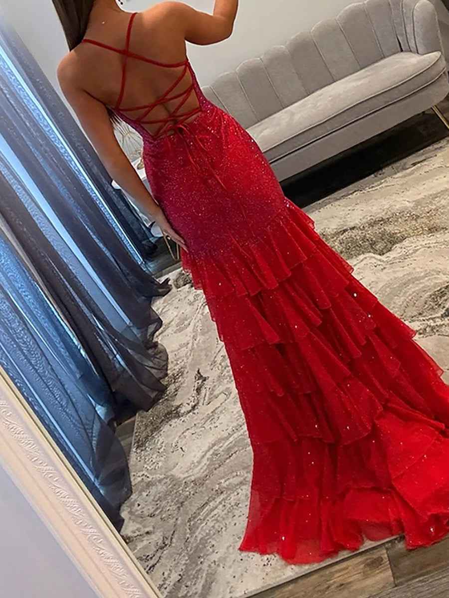 Red Sparkly Halter Neck Tiered Mermaid Long Prom Dress with Slit