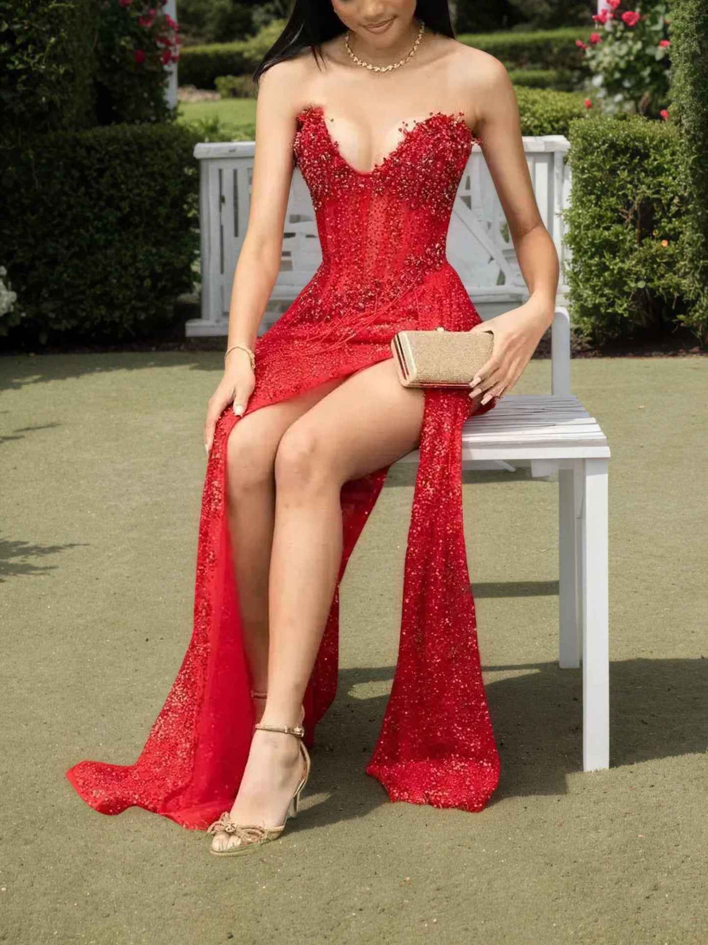 Red Strapless Beaded Fringe Waist Sequin Prom Dress with High Slit