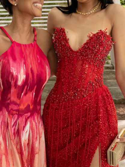 Red Strapless Beaded Fringe Waist Sequin Prom Dress with High Slit