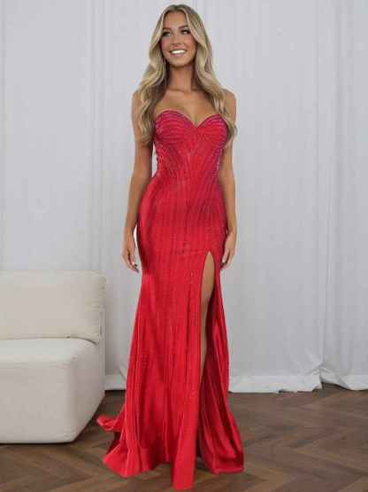 Red Strapless Sequin Long Prom Dress with Linear Beading